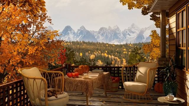 Autumn Day in Cozy Terrace Ambience with 8 hours Relaxing Forest Birds Singing смотреть онлайн