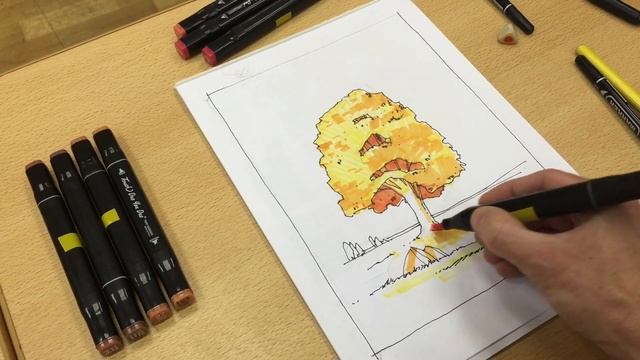 Как рисовать осеннее дерево маркерами. Процесс рисования смотреть онлайн