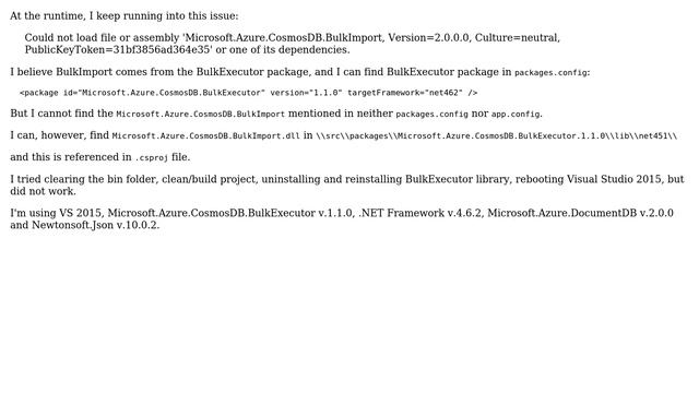 Could not load file or assembly 'Microsoft.Azure.CosmosDB.BulkImport, Version=2.0.0.0 смотреть онлайн