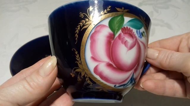 Редкая чайная пара ЛФЗ Роза в медальоне Фарфор СССР смотреть онлайн