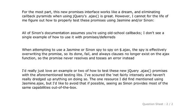 jQuery : How to properly unit test jQuery's .ajax() promises using Jasmine and/or Sinon? смотреть онлайн