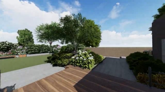 Красивый и лаконичный дизайн участка. Визуализация проекта в 3D. Ландшафтный дизайн. смотреть онлайн