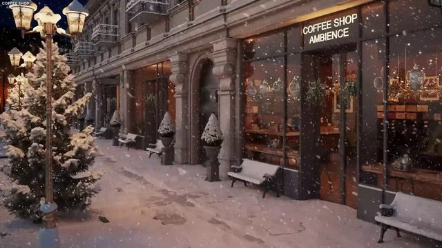 Nightly Snow on Street at Coffee Shop Ambience with Relaxing Smooth Jazz Music and Snowflakes смотреть онлайн