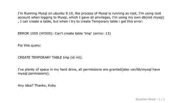 MySQL : Mysql ERROR 1005 (HY000): Can't create table 'tmp' (errno: 13) смотреть онлайн
