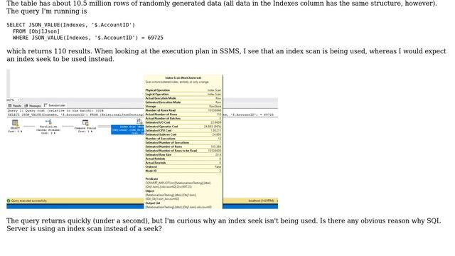 Why is this query on JSON values in SQL Server using an index scan instead of an index seek? смотреть онлайн