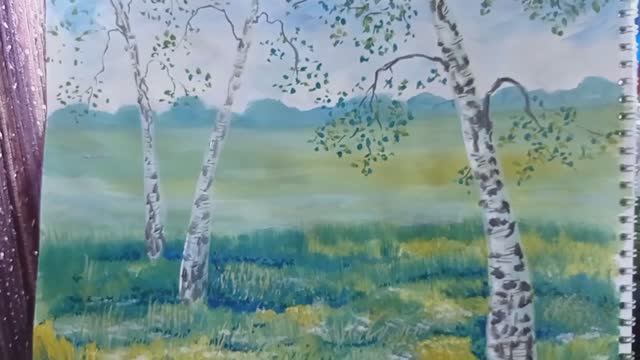 Родные просторы | Пейзаж с березками гуашью ? смотреть онлайн