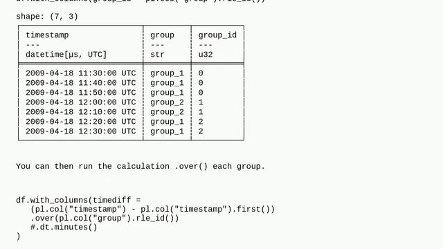Python Polars: Calculate time difference from first element in each (repeating) group смотреть онлайн