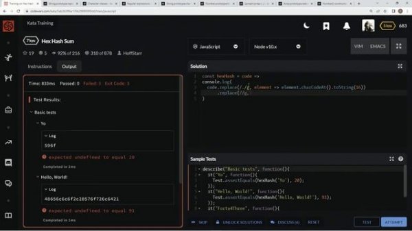 Codewars 7 kyu Hex Hash Sum Javascript