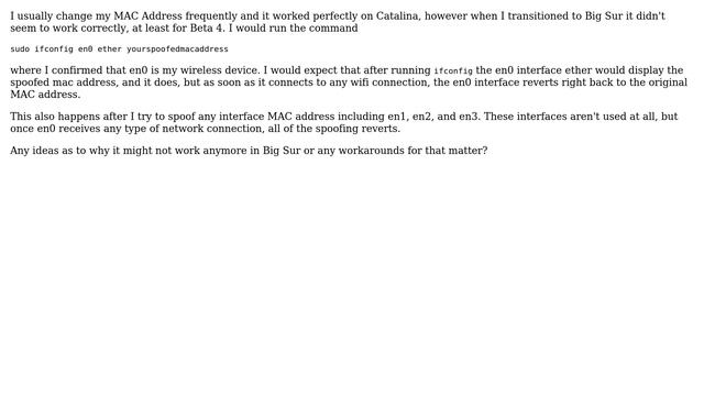 Apple: Q: Cannot spoof MAC Address on Macbook Pro 2019 13.3 on Big Sur Beta 4 смотреть онлайн