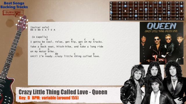 🎸 Crazy Little Thing Called Love - Queen Guitar RIFF/SOLO Backing Track with chords and lyrics смотреть онлайн