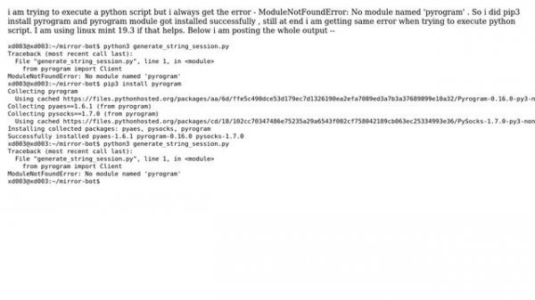 Unix & Linux: ModuleNotFoundError: No module named 'pyrogram'