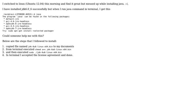 Ubuntu: Jdk 6.0 update 6 installed sucessfully but java command not working смотреть онлайн
