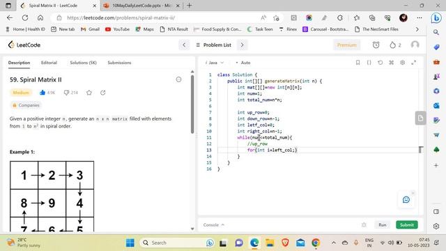 59. Spiral Matrix II (May 10) | Intuition | Java solution смотреть онлайн