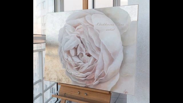 Картина маслом цветы с поталью "Кремовый пион" 80х60 см художника Хухаревой Елены смотреть онлайн