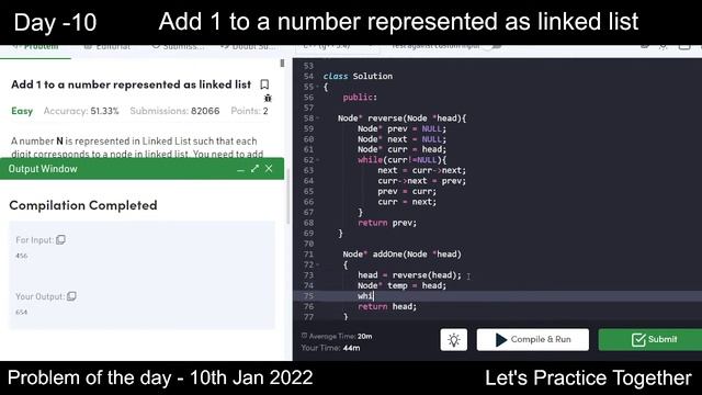 Add 1 to a number represented as linked list | Problem of the Day | 10th Jan | Let's practice смотреть онлайн