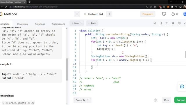 Custom Sort String : LeetCode 791 смотреть онлайн