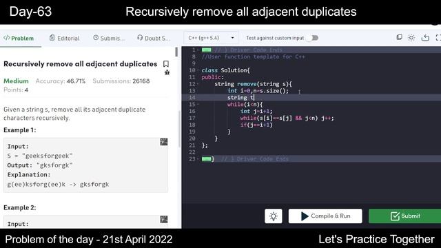 Recursively remove all adjacent duplicates | gfg POTD | 21st April | Let's Practice Together смотреть онлайн
