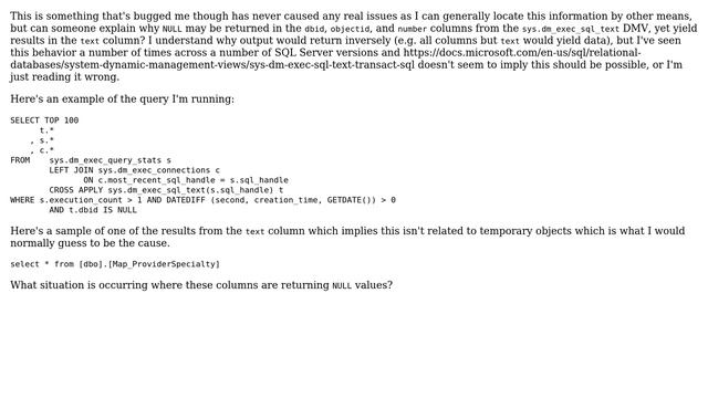 Databases: sys.dm_exec_sql_text returns NULL in dbid, objectid, and number columns, but not text смотреть онлайн