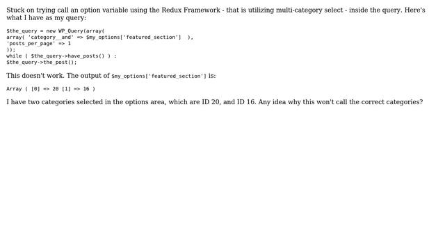 Wordpress: Show multiple categories in query using redux framework variable смотреть онлайн