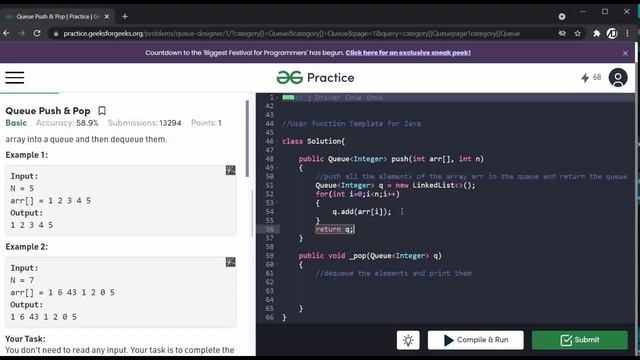 Queue Push and Pop in java || Geeks for Geeks || Data Structures in Java смотреть онлайн