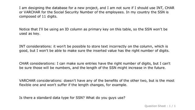 MySQL : Should I use INT, CHAR or VARCHAR for Social Security Number? смотреть онлайн