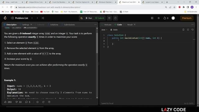 LeetCode in Java | Problem Solving in Arrays :Easy Question | Maximum Sum with Exactly K Elements смотреть онлайн