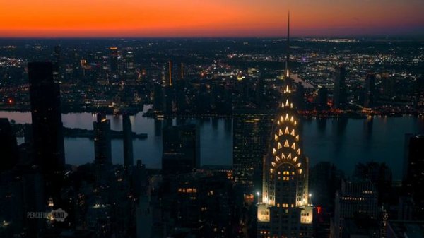 4K New York Window View SOUNDSCAPE. Sunrise in Manhattan, City Sounds