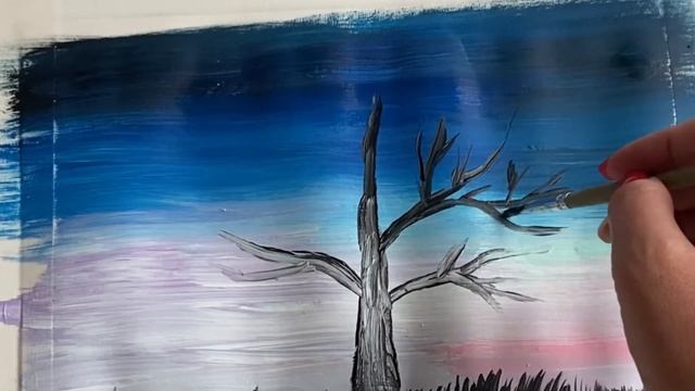 Рисуем дерево. Рисовать просто. Учусь рисовать. Акрил. Как нарисовать ночь. смотреть онлайн