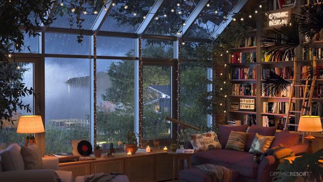 Glass House Home Library Room With Rain And Thunder Sounds