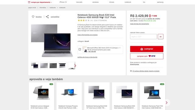 Notebook Samsung Book E20 Intel Celeron 4GB 500GB W10 15,6" Prata смотреть онлайн