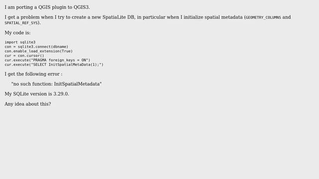 GIS: SQLite error - no such function: InitSpatialMetadata смотреть онлайн
