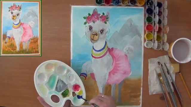 Как нарисовать ламу. Просто детям. Смешная лама. Гуашь смотреть онлайн