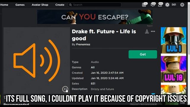 ROBLOX BOOMBOX ID/CODE FOR FUTURE- LIFE IS GOOD ft DRAKE [FULL SONG] смотреть онлайн