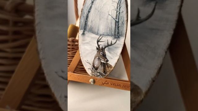 Немного снежного настроения❄️Картина на спиле дерева. Зимний пейзаж с оленем? смотреть онлайн