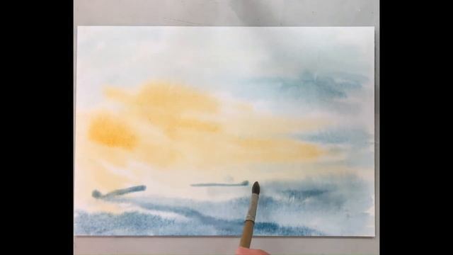 We draw the sky, clouds in wet watercolor. Speed up video. смотреть онлайн