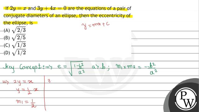 If \( 2 y=x \) and \( 3 y+4 x=0 \) are the equations of a pair of conjugate diameters of an elli... смотреть онлайн