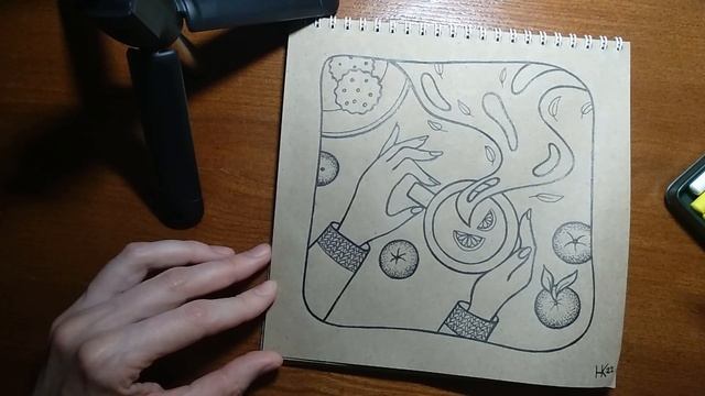 Рисунок линером и цветными карандашами на крафт бумаге. Горячий чай. Поэтапное рисование смотреть онлайн