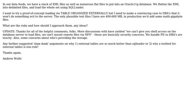 Databases: How make convincing case to DBA to use Oracle external tables for 500 MB to 5 GB files? смотреть онлайн
