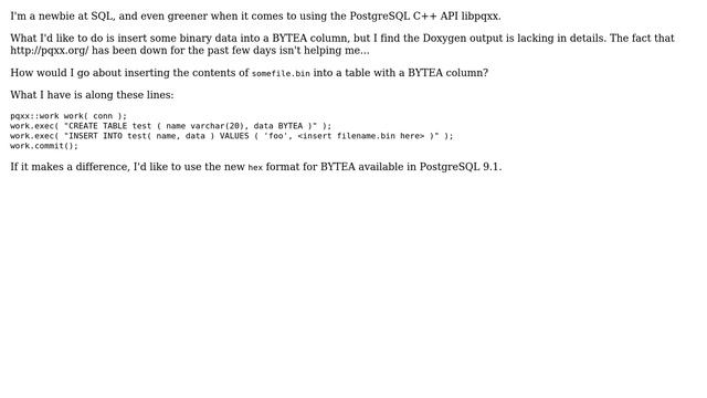 Databases: How to insert binary data into a PostgreSQL BYTEA column using libpqxx? смотреть онлайн