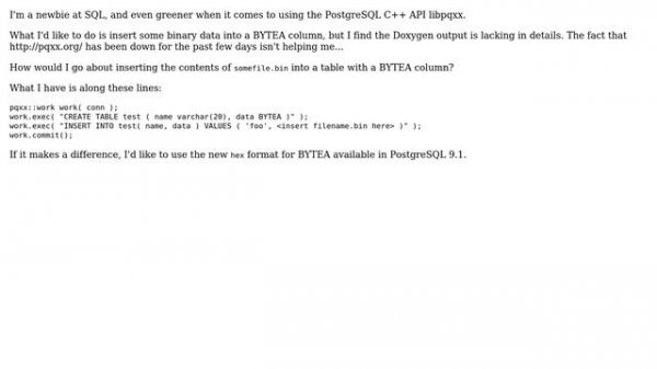 Databases: How to insert binary data into a PostgreSQL BYTEA column using libpqxx?