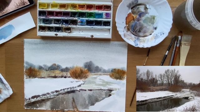 Зимний пейзаж акварелью смотреть онлайн