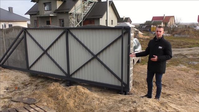 Откатные ворота и калитка, зашивка профлистом серый графит смотреть онлайн