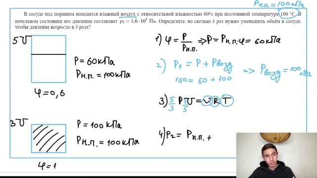 В сосуде под поршнем находится влажный воздух с относительной влажностью 60% при постоянной - №2959 смотреть онлайн