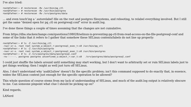SELinux/PostgresQL "denied { open } for [..] comm="pg_ctl" path="$PGDATA/postgresql.conf" смотреть онлайн