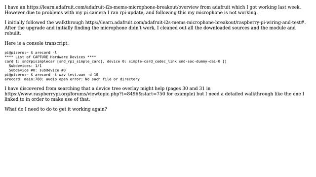 Raspberry Pi: How do I get my I2S microphone on a Pi zero W working again after running rpi-update? смотреть онлайн