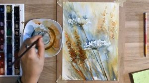Процесс рисования, полевые цветы акварелью, для начинающих.