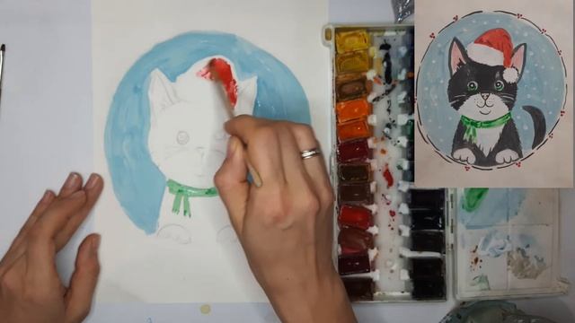 Рисуем новогоднюю открытку котика, как нарисовать кота красками смотреть онлайн