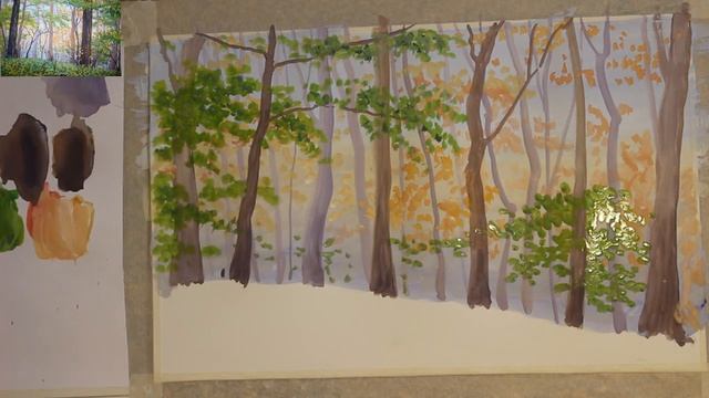 Как нарисовать пейзаж поэтапно/Рисуем туманный лес гуашью смотреть онлайн