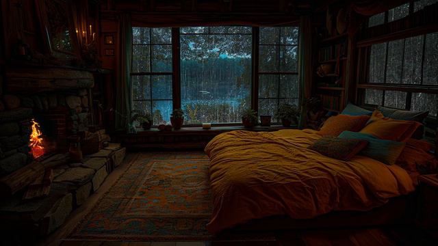 Cozy Bedroom Atmosphere with Gentle Rain and Fire Sound - 12 hours - Rain Sound смотреть онлайн