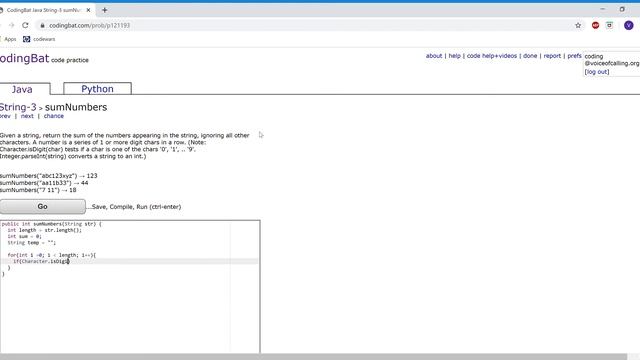 String 3(sumNumbers) Java Tutorial || codingbat.com смотреть онлайн